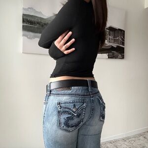 Y2K Low Rise Flared Jeans Faded Wash Embroidered Pockets 2000s Goth Grunge